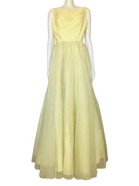Vintage 50s Pastel Yellow Prom Dress Ball Gown. XS. Formal Cupcake Flawed
